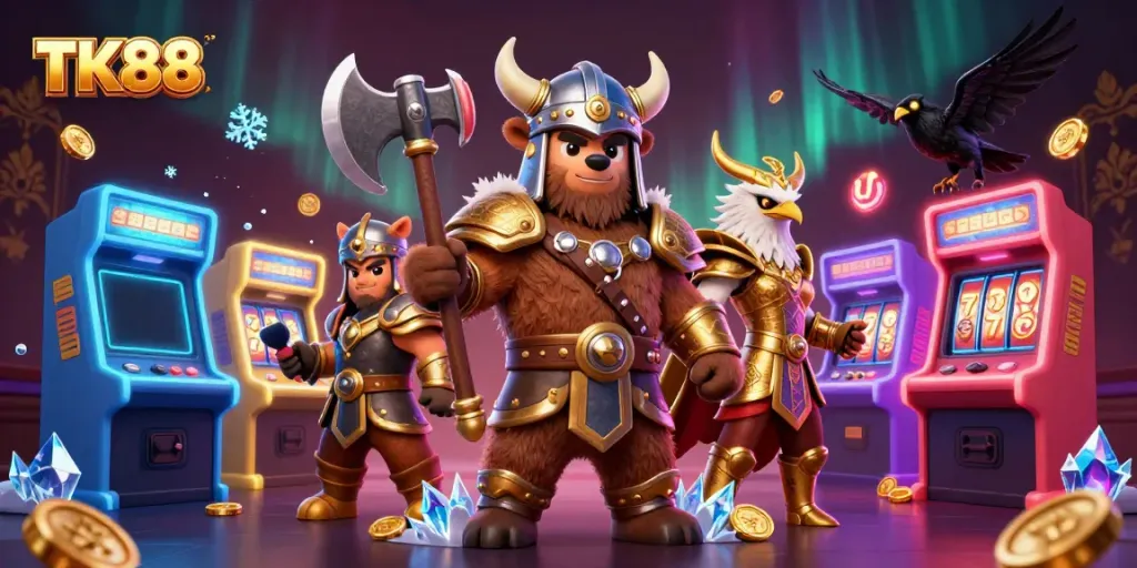Engage with the vibrant world of TK88, illustrated with a Viking bear and Valkyrie eagle amidst dynamic casino game elements.