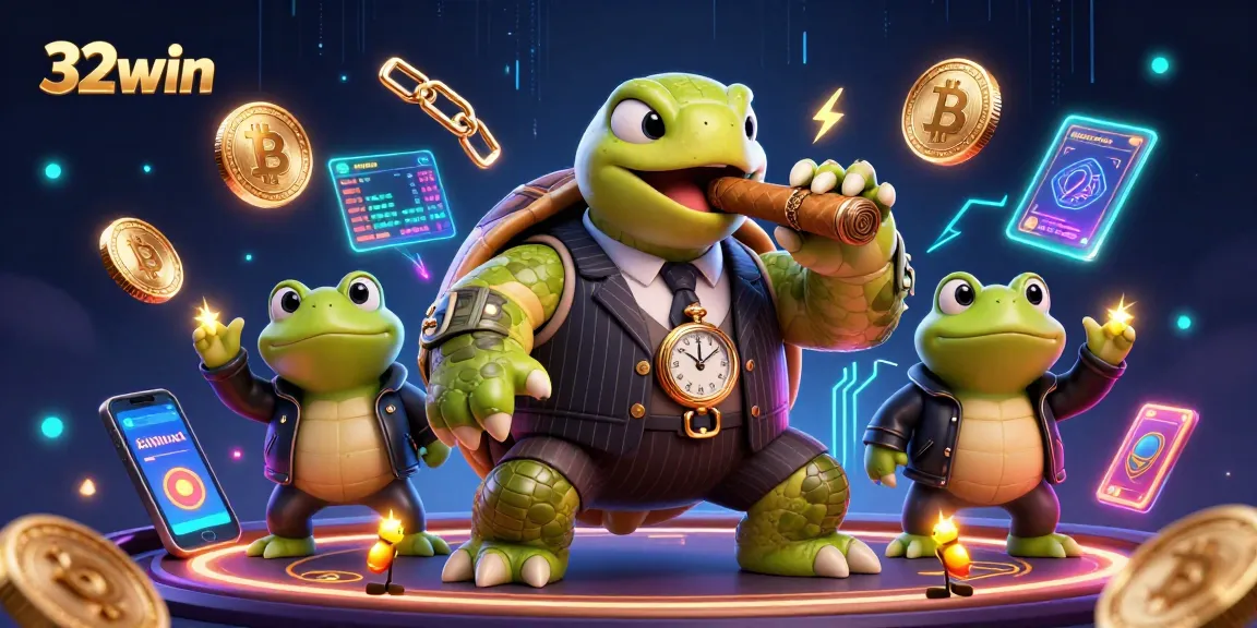 Experience the excitement of 32win with a digital illustration featuring a snapping turtle and bullfrog enforcers in a vibrant casino scene.