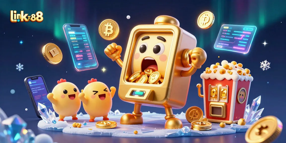 Spin the link tx88 jackpot with dynamic slot machines, gold coins erupting, and crypto elements.