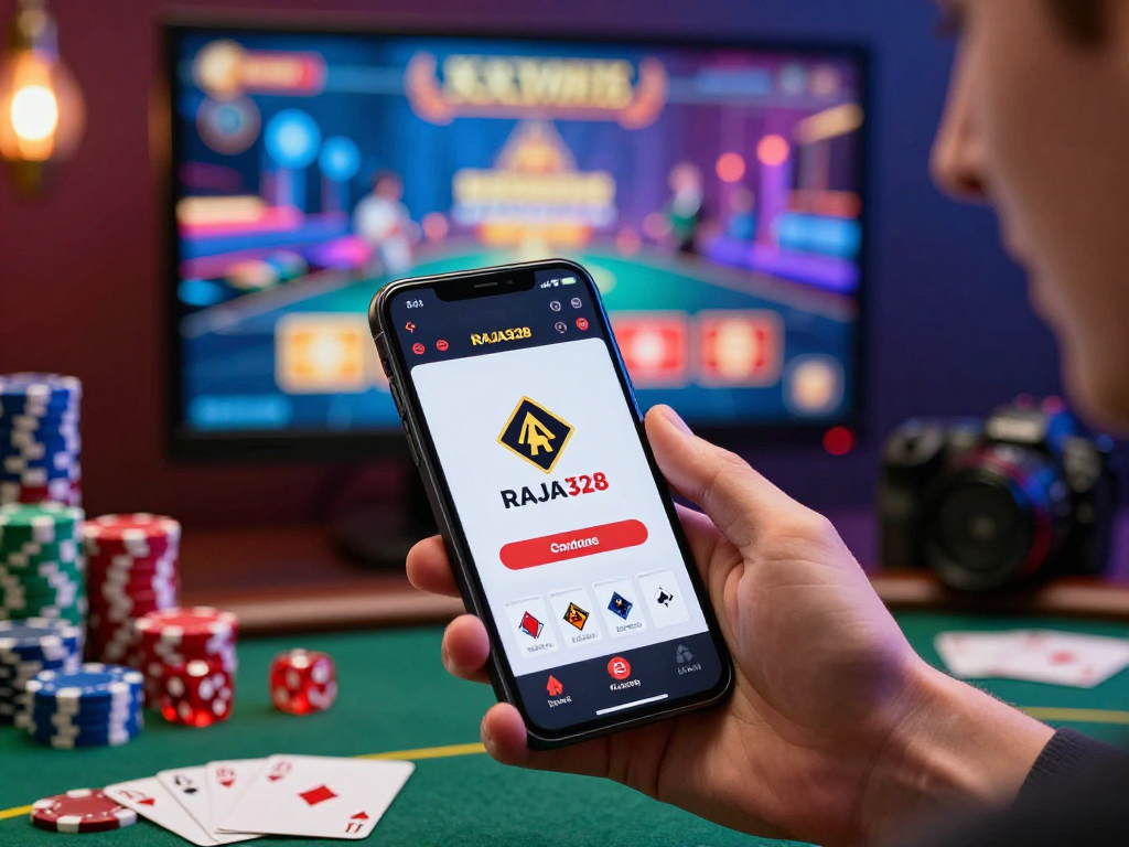 Engaging RAJA328 gaming experience on a smartphone in a vibrant casino setting with poker chips and dice.