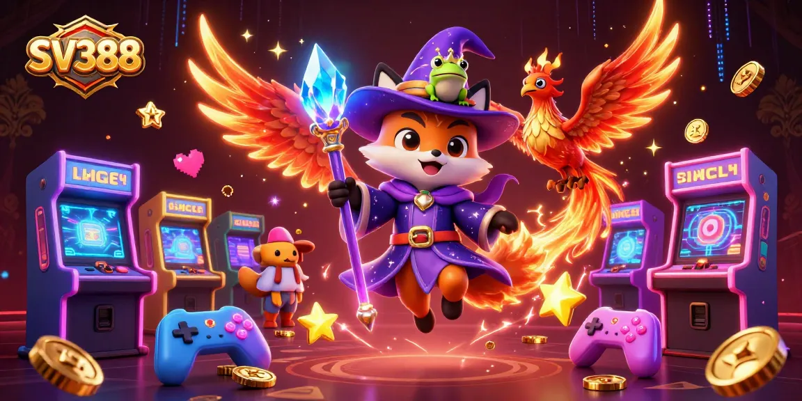 Experience thrilling cockfighting action with SV388's vibrant gaming arena, featuring glowing arcade machines and charming characters.