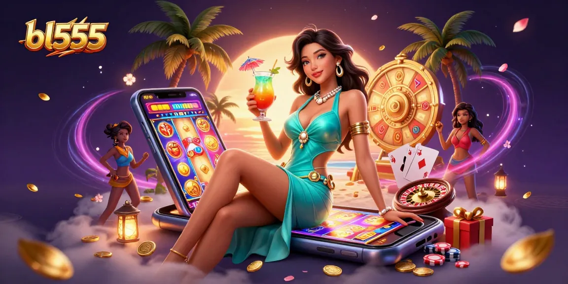 Experience the excitement of bl555 with this vibrant illustration featuring a glamorous woman in a tropical casino