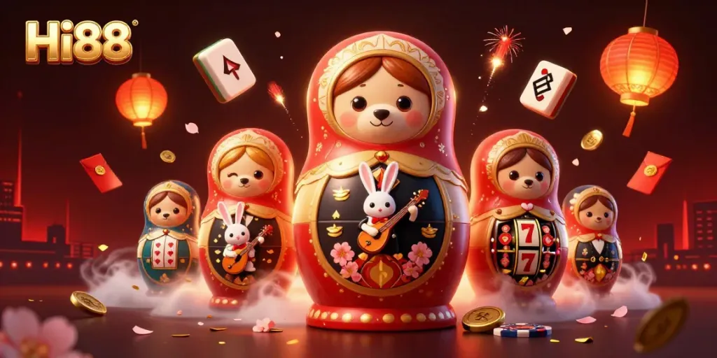 Experience Hi88's vibrant casino world with bears and festive game elements.