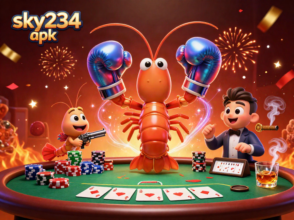 Engage with the vibrant world of sky234 apk featuring poker action and animated shrimp characters.