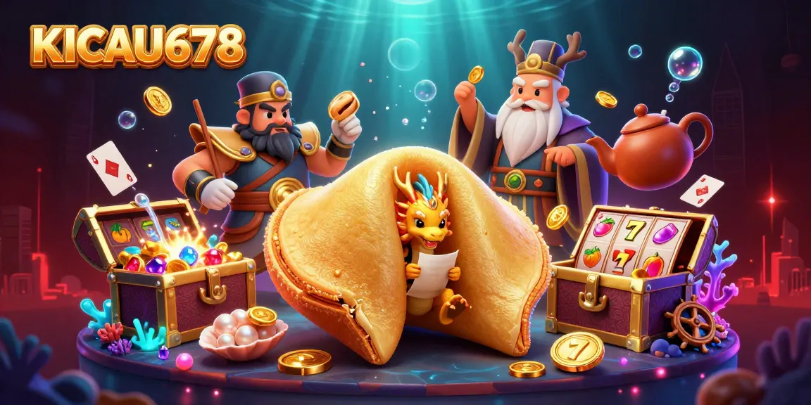 KICAU678 offers a vibrant casino-themed illustration of a golden fortune cookie with dragon characters and slot elements.
