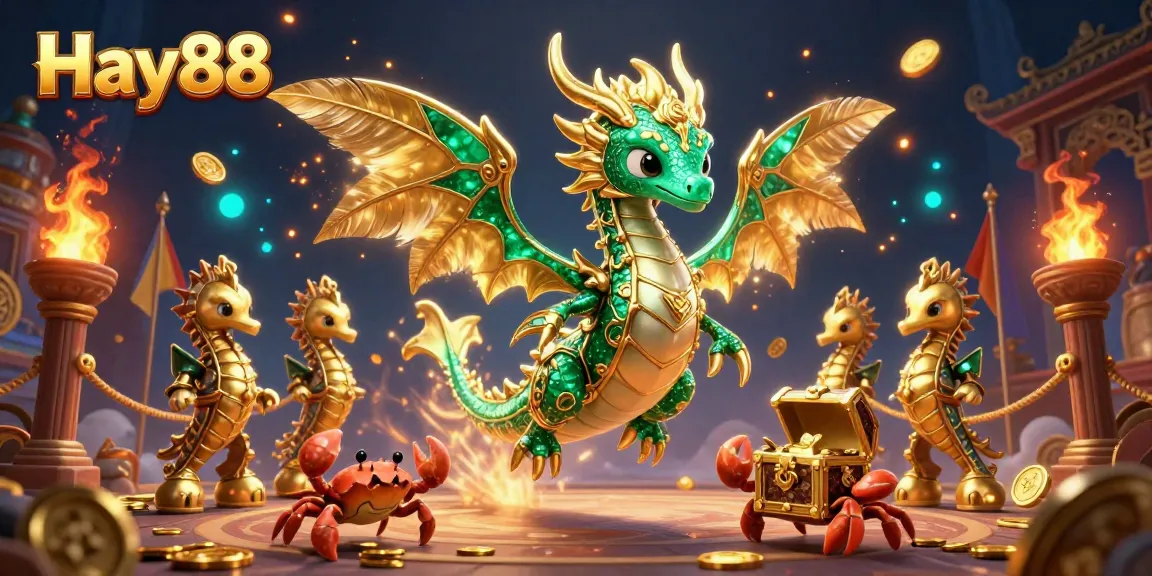 Experience thrilling action at Hay88's online casino with a vibrant and dynamic 3D illustration featuring dragons and treasure.