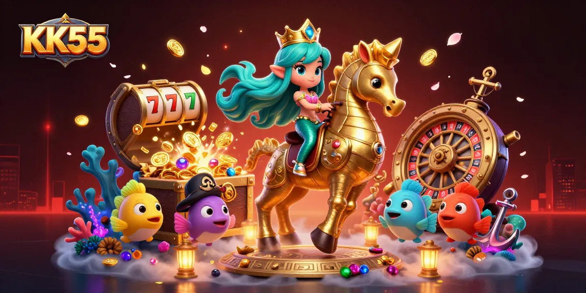 Engage with KK55 through vibrant slots and dynamic gaming adventures in this captivating illustration.