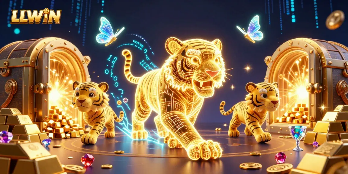 LLWIN showcases a vibrant casino experience with a luminous golden tiger and jewels scattered throughout.
