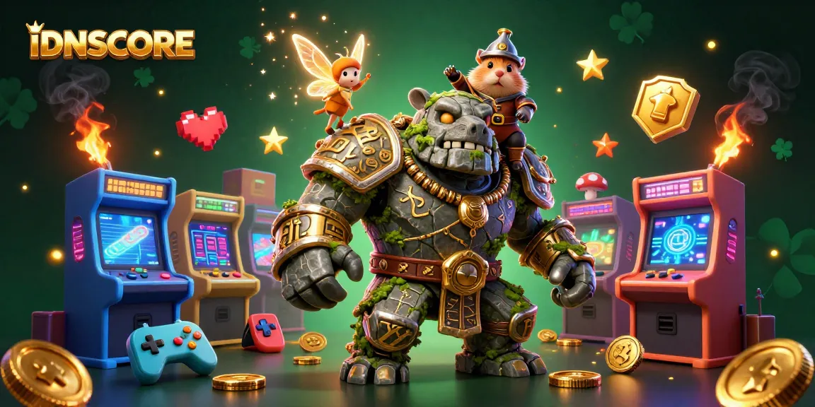 Experience the thrill of IDNSCORE with a lively gaming 3D scene showcasing fantasy characters and vivid casino elements.