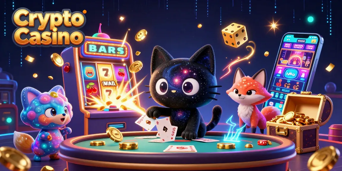 Experience the excitement of a Crypto Casino with a cosmic cat winning golden chips and cards.