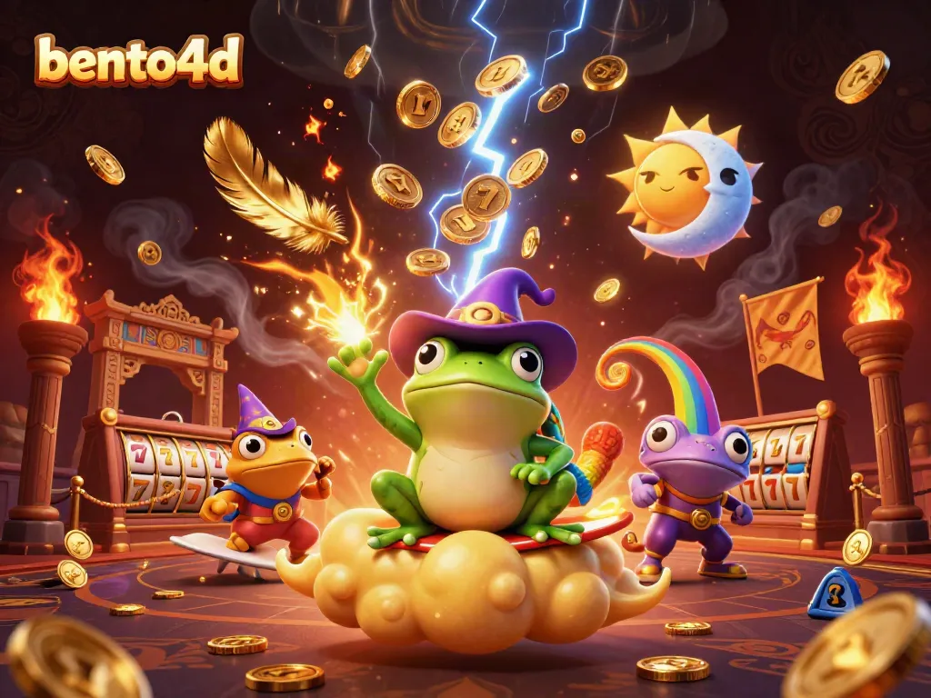 Spin to win with bento4d as the wizard frog conjures golden coins in this vibrant casino scene.