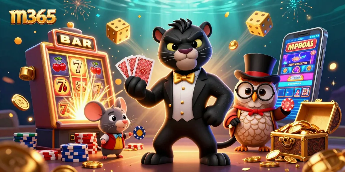 Engage with thrilling m365 gameplay featuring a stylish tuxedoed panther dealing cards in a lively casino atmosphere.