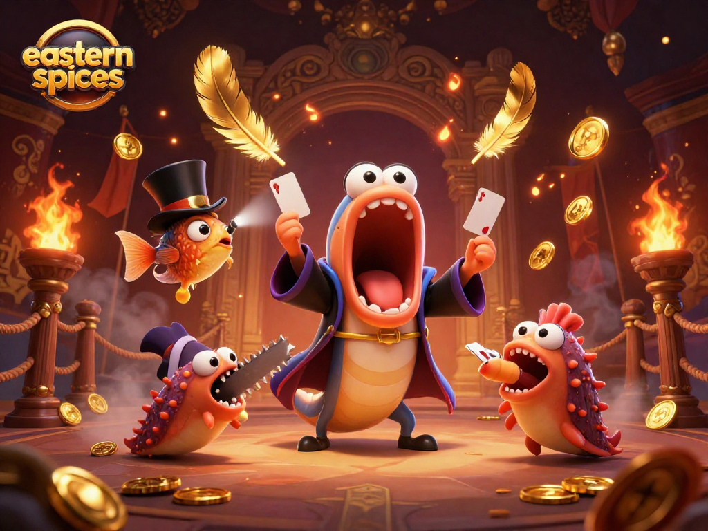 easternspices showcases a magical casino scene with a bioluminescent eel performing animated card tricks amidst a vibrant atmosphere.