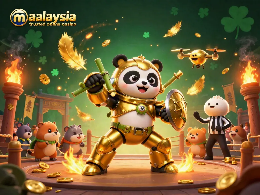 Experience excitement at a malaysia trusted online casino with this high-energy illustration featuring a golden panda and action elements.