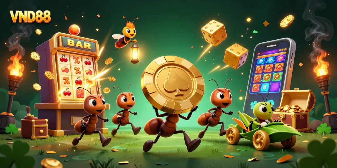 Join the action with VND88 as playful ants escape with a giant poker chip amid a casino explosion.