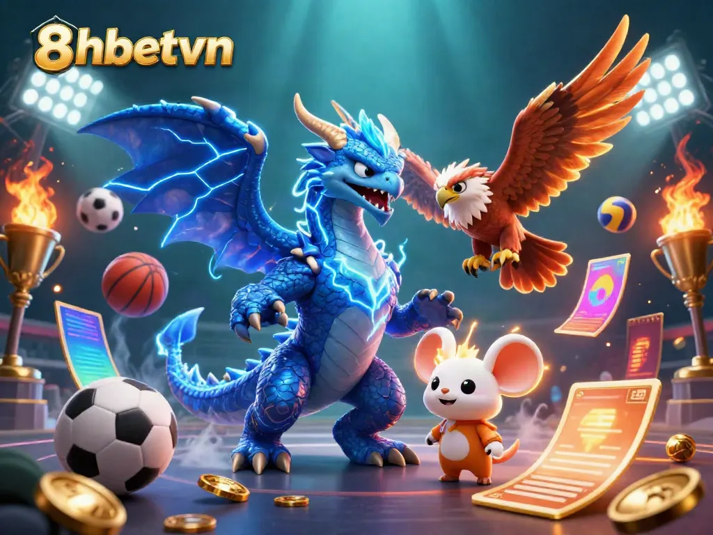 Players engage in thrilling bets on 8xbetvn with an electrifying dragon and dynamic sports elements.