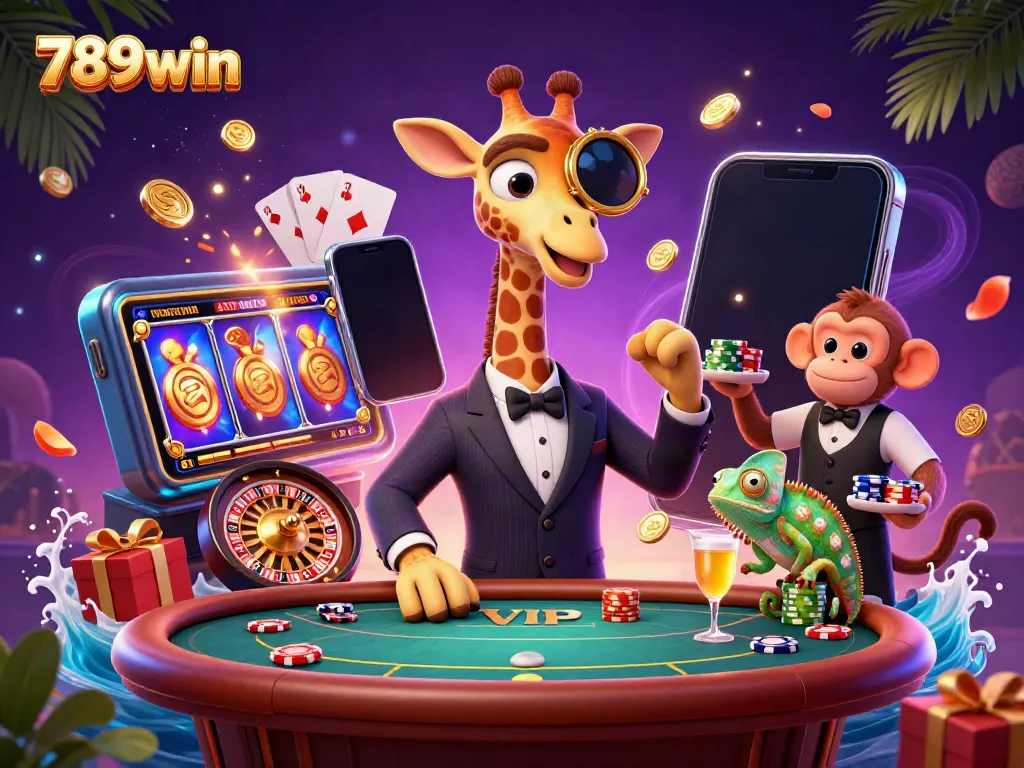Experience the excitement of 789win at a vibrant casino scene with animated characters and gaming elements.