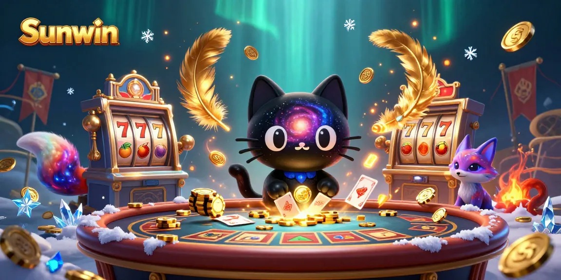 Sunwin casino scene with a cosmic black hole cat and slot machines attracting golden chips.