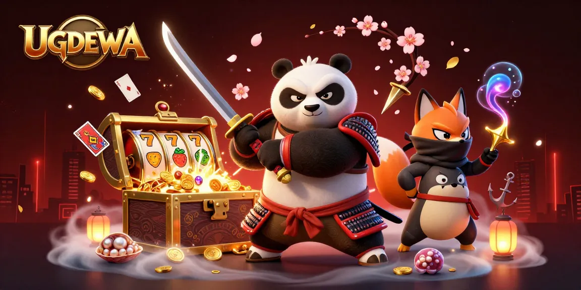 Experience the thrilling excitement of UGDEWA as samurai panda draws his katana amid gold coins and slot reels.