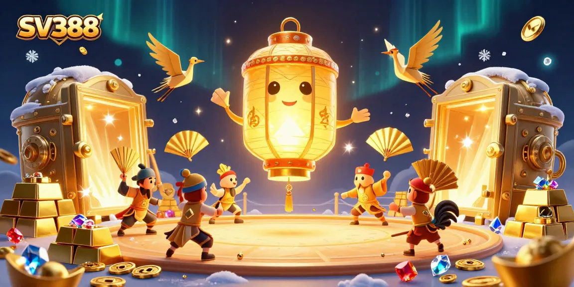 Experience live cockfighting action with SV388, featuring vibrant warriors and golden treasures.