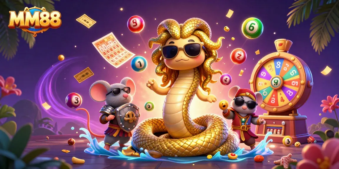 Experience the thrill of MM88's vibrant gaming world with Medusa and a warrior mouse amidst dynamic lottery action.