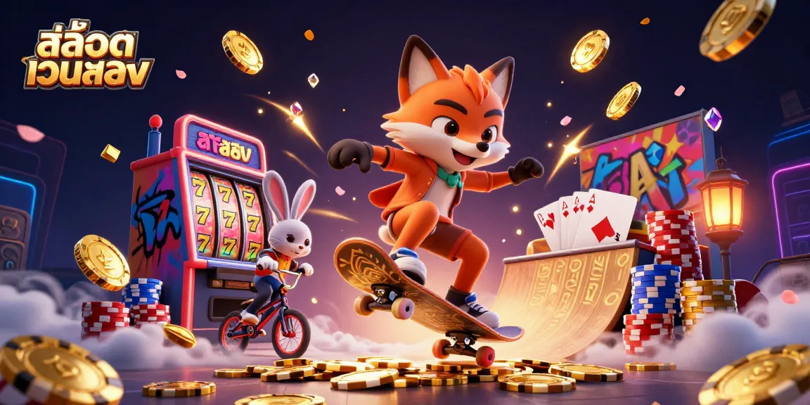 Experience สล็อตเว็บตรง excitement with a skateboarder fox and BMX rabbit amidst vibrant casino elements.