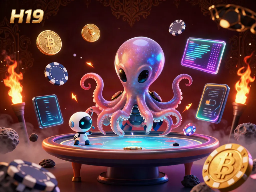 Experience the vibrant excitement of H19 casino games with an alien octopus dealer at a holographic poker table.