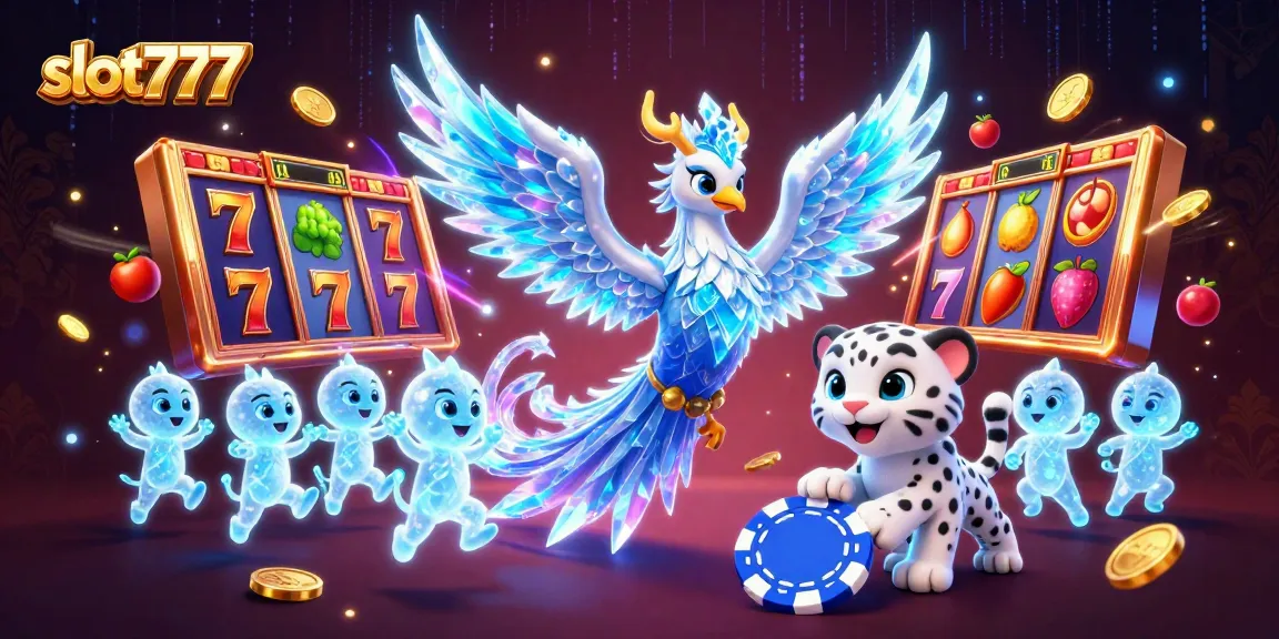 Experience slot777 excitement with a vibrant scene featuring slot reels and enchanting ice characters.