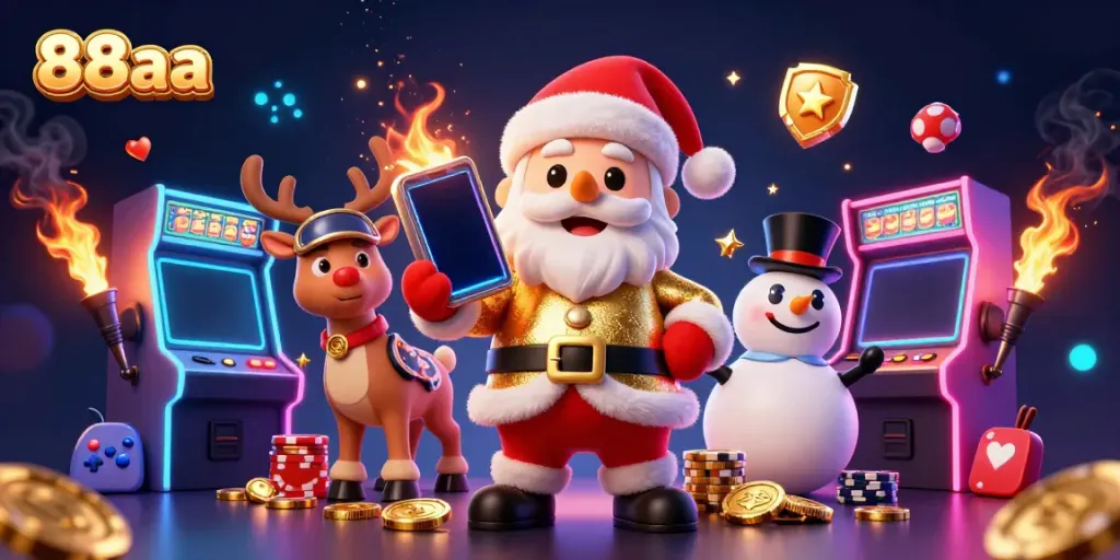 Play slots and win big with 88aa in a vibrant casino-themed illustration featuring Santa Claus.
