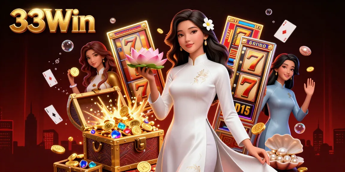 Experience winning at 33Win with a vibrant casino scene featuring slot reels and elegant characters.