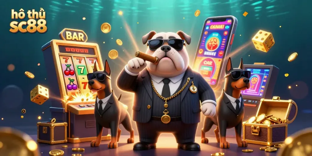 Experience hổ trợ sc88 with vibrant casino action and thrilling slot machine bursts in this dynamic 3D illustration.