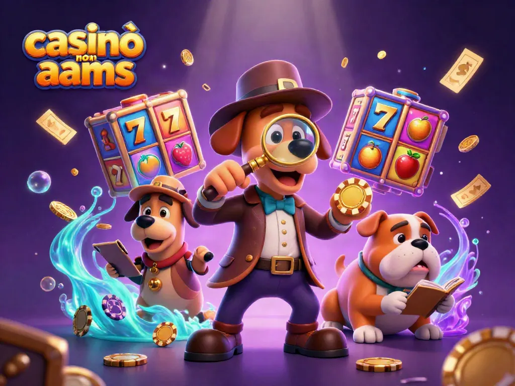 Casinò non AAMS, la detective bloodhound e il bulldog Watson esplorano indizi in un ambiente di gioco ricco di slot e premi.