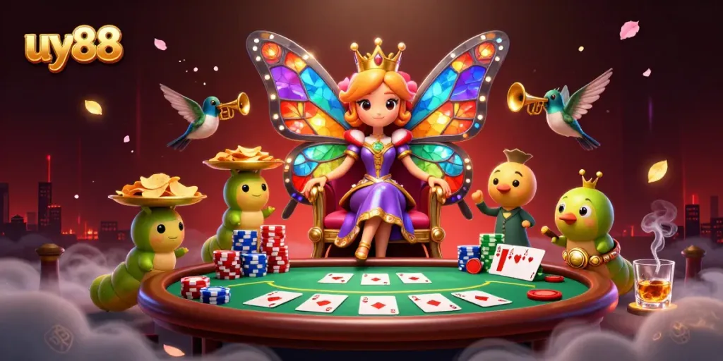 Experience the captivating uy88 casino scene with a vibrant butterfly queen and poker elements.