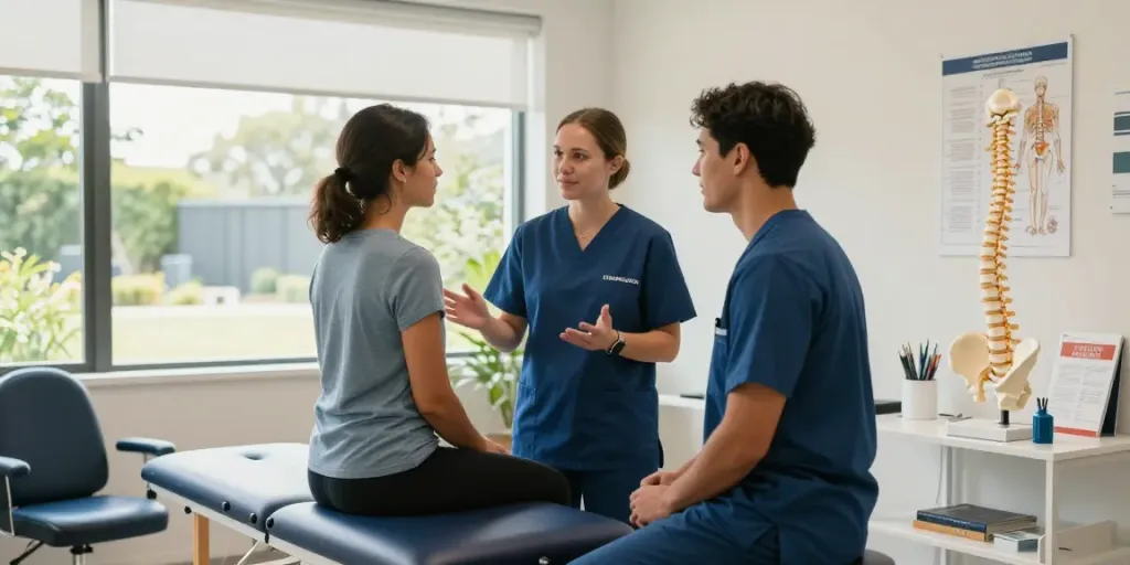 Chiropractor Chatswood consultation scene showing a caring chiropractor with a patient in a bright clinic.