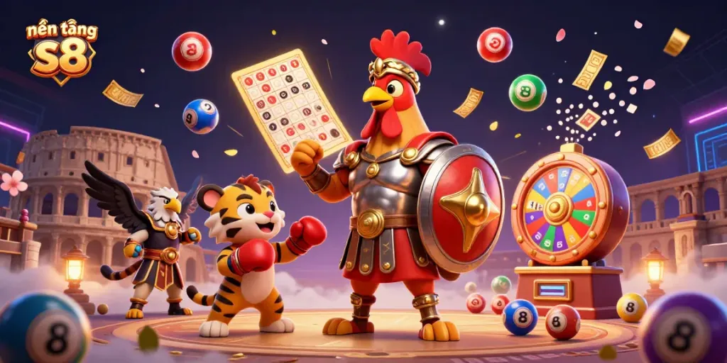 Engage with the vibrant scene featuring nền tảng s8 in a dynamic casino setting with a gladiator rooster, tiger cub, and lotto elements.
