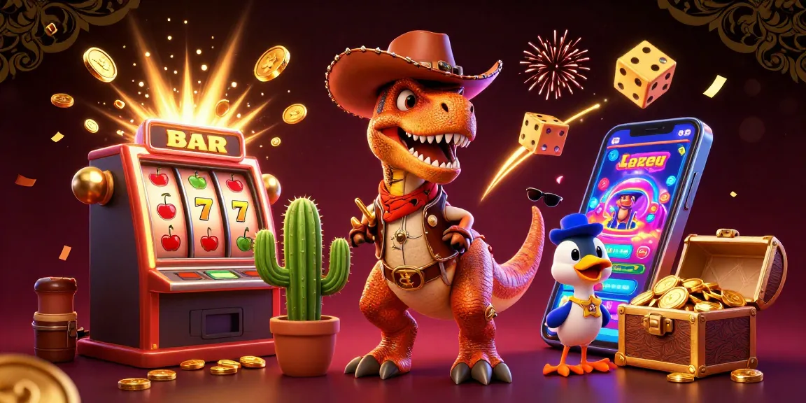 KICAU678 showcases an animated scene of a cowboy dinosaur and friends in a vibrant casino atmosphere.