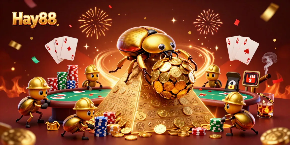 Engage with exciting gameplay at Hay88, featuring a colorful, casino-themed 3D scene filled with poker elements and energetic animations.