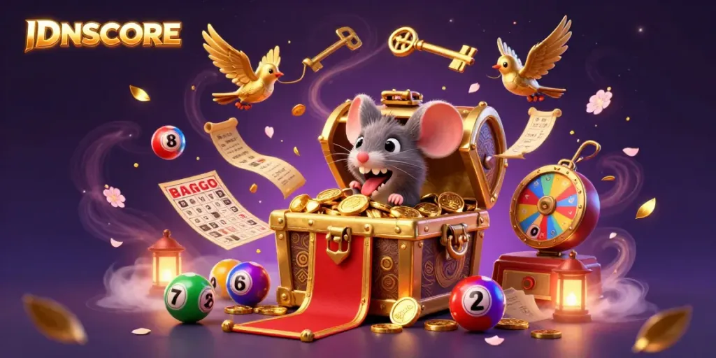 Experience the excitement of IDNSCORE with a treasure chest draped in riches, appealing to players in a gaming paradise.