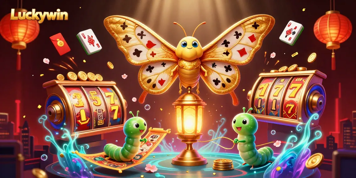 Win big with Luckywin as vibrant slots and a majestic moth create a magical casino scene.