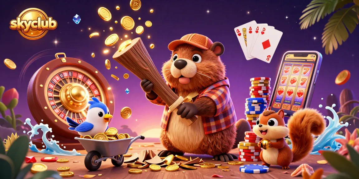 Experience thrilling wins at skyclub as cartoon characters engage in exciting casino activities surrounded by vibrant elements.