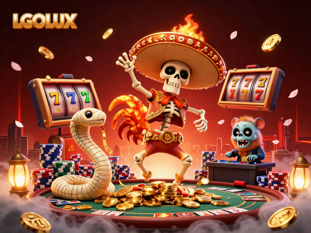 Experience thrilling slot action with LGOLUX as a mariachi rooster dances on golden coins amidst vibrant casino elements.