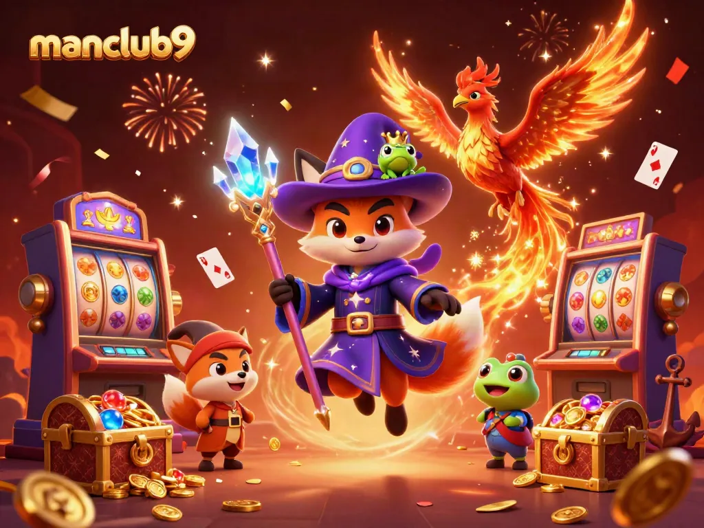 Experience thrilling gameplay at manclub9 with a mystical fox wizard, phoenix, and enchanting treasures.