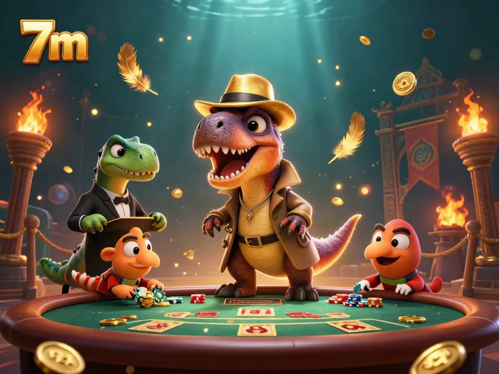 Experience the excitement of 7m with a cartoon velociraptor at a blackjack table, surrounded by vibrant casino elements.