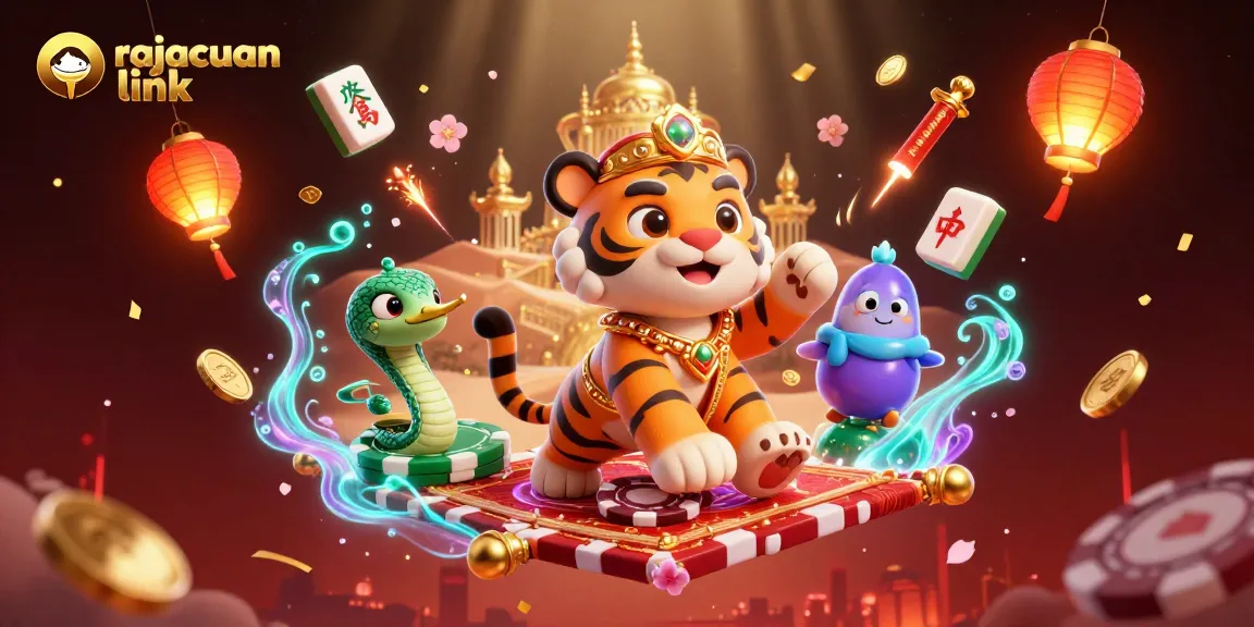 Engage with the rajacuan link as the tiger sultan and genie soar on a poker chip carpet amid festive gambling elements.