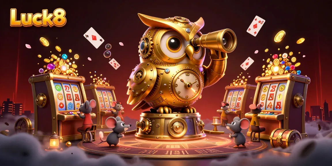 Experience Luck8 with vibrant slot machines, cartoon characters, and a dynamic casino atmosphere.