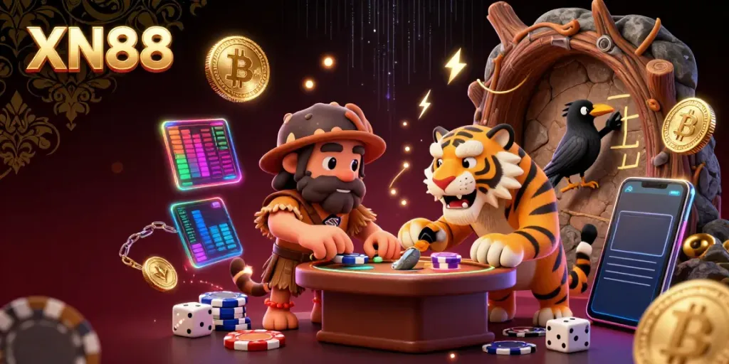 Experience thrilling casino gaming at XN88 with vibrant Bitcoin and Ethereum coins in a dynamic illustration.