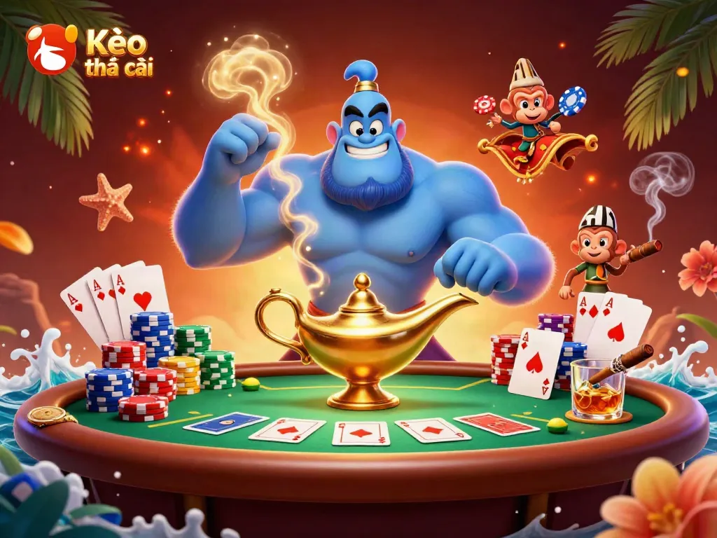 Kèo nhà cái portrays a vibrant scene of a genie and monkey at a poker table dazzling with chips and cards.