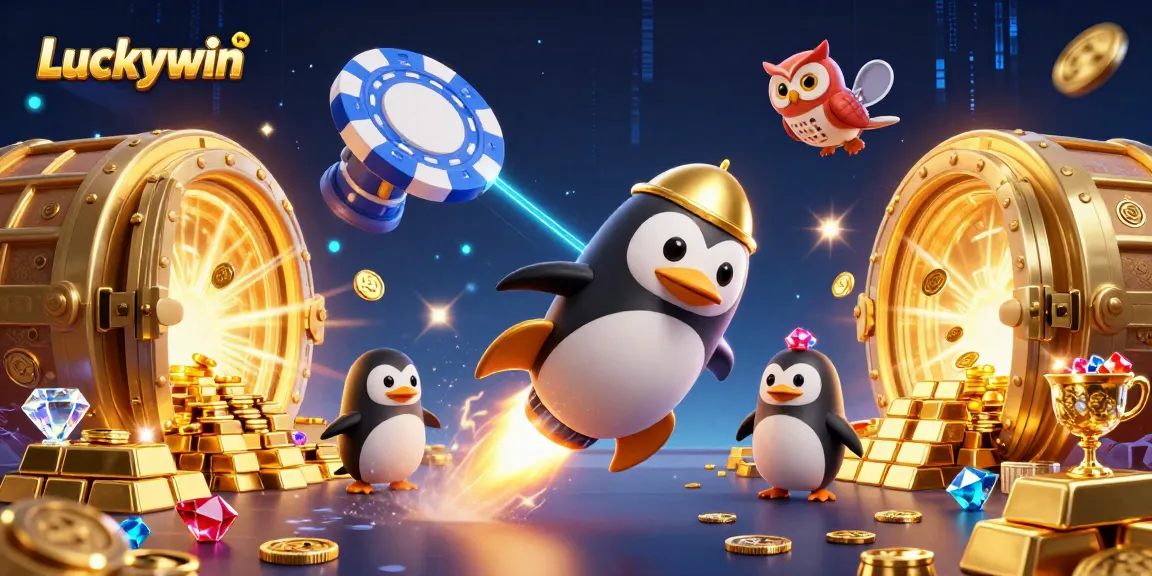 Luckywin showcases an exhilarating 3D scene with a penguin and casino elements, emphasizing excitement and wealth