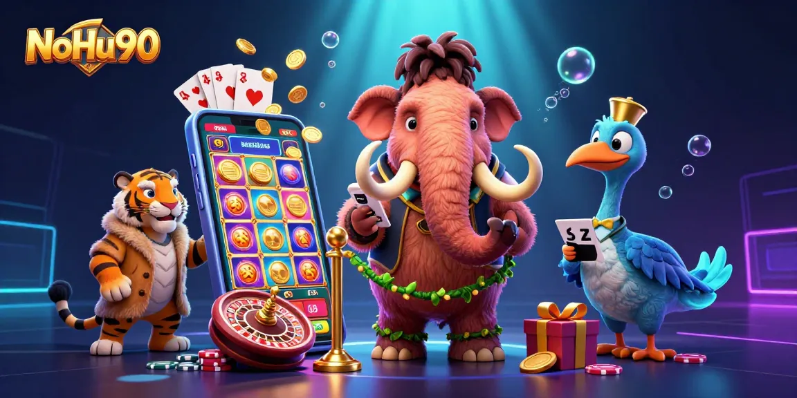 Experience NoHu90 with a vibrant 3D casino scene featuring characters and gaming elements.