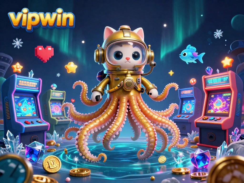 Join the adventure with vipwin as a kraken and diving cat explore a treasure-filled ocean in this electrifying illustration.